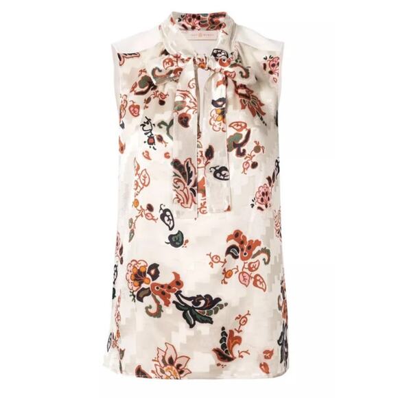Tory Burch Silk Burnout Shell Bow Top | Ivory Mountain Paisley | SZ 0 - Picture 1 of 12